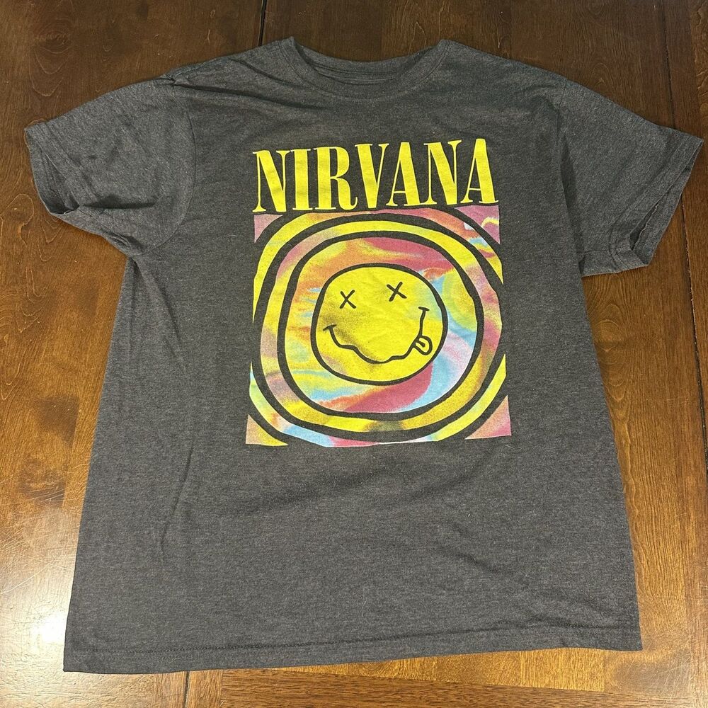 Nirvana T-Shirt Womens Size Large Grey Yellow Smiley Face Graphic Tee 90s Grunge